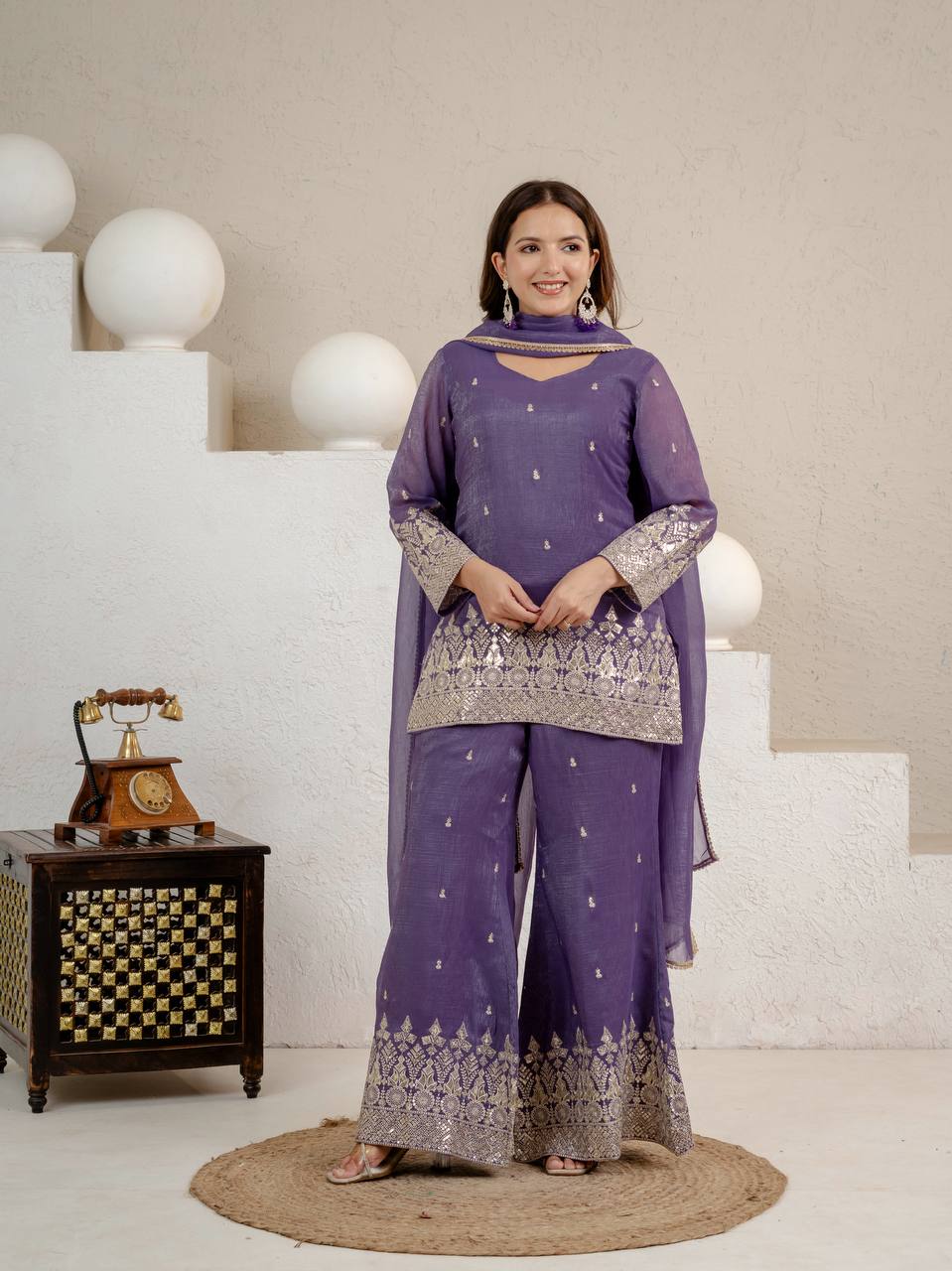 Elegant Lavender Embellished Kurta and Flared Sharara Set Featuring Intricate Silver Zari Embroidery and a Sheer Matching Dupatta